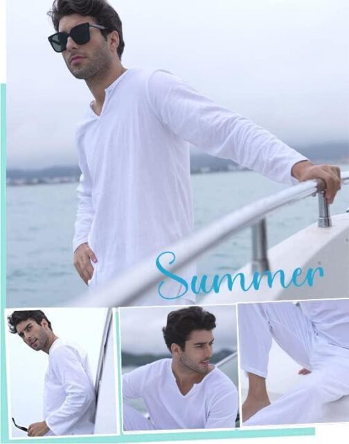 COOFANDY Men's 2 Pieces Cotton Linen Set Henley Shirt Long Sleeve and Casual Beach Pants Summer Yoga Outfits - Image 2