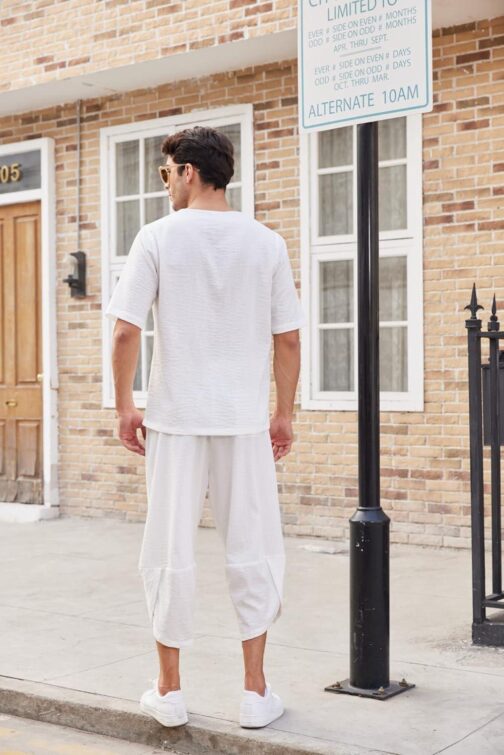 COOFANDY Men's 2 Pieces Linen Set Henley Shirt Short Sleeve and Harem Capri Pants Wide Leg Baggy Beach Yoga Trousers Outfits - Image 5