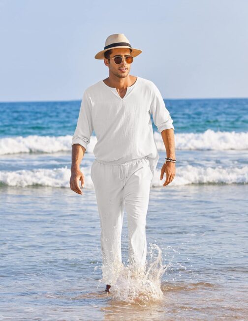 COOFANDY Men's 2 Pieces Cotton Linen Set Henley Shirt Long Sleeve and Casual Beach Pants Summer Yoga Outfits - Image 3