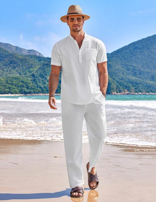 COOFANDY Men's 2 Pieces Cotton Linen Set Casual Short Sleeve Henley Shirts Beach Yoga Pants Summer Outfits - Image 3