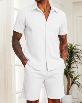 COOFANDY Men’s 2 Pieces Cotton Linen Set Short Sleeve Button Down Shirts Summer Beach Shorts Casual Outfits