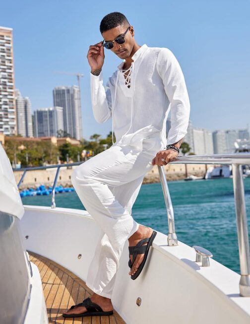 COOFANDY Men's 2 Piece Linen Set Long Sleeve Henley Shirts Casual Beach Pants With Pockets Summer Yoga Outfits - Image 4