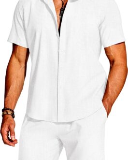 COOFANDY Men’s 2 Pieces Cotton Linen Set Short Sleeve Button Down Shirts Summer Beach Shorts Casual Outfits