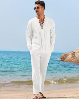 COOFANDY Men’s 2 Piece Linen Set Long Sleeve Henley Shirts Casual Beach Pants With Pockets Summer Yoga Outfits