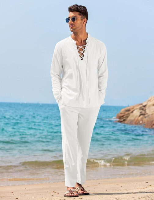 COOFANDY Men's 2 Piece Linen Set Long Sleeve Henley Shirts Casual Beach Pants With Pockets Summer Yoga Outfits - Image 2