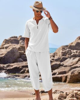 COOFANDY Men’s 2 Pieces Linen Set Henley Shirt Short Sleeve and Harem Capri Pants Wide Leg Baggy Beach Yoga Trousers Outfits