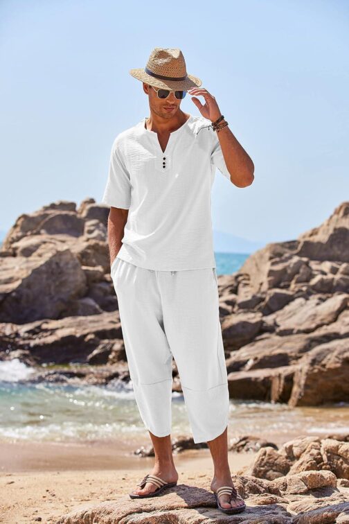 COOFANDY Men's 2 Pieces Linen Set Henley Shirt Short Sleeve and Harem Capri Pants Wide Leg Baggy Beach Yoga Trousers Outfits - Image 2