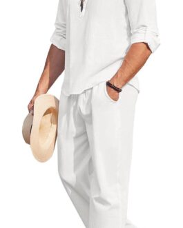 COOFANDY Men’s 2 Pieces Cotton Linen Set Long Sleeve Henley Shirts Casual Beach Pants With Pockets Summer Yoga Outfits