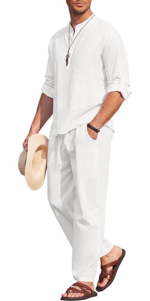 COOFANDY Men's 2 Pieces Cotton Linen Set Long Sleeve Henley Shirts Casual Beach Pants With Pockets Summer Yoga Outfits