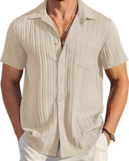 COOFANDY Men’s Casual Button Down Shirts Short Sleeve Textured Summer Beach Shirt with Pocket