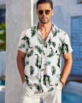 COOFANDY Men’s Casual Button Down Shirts Short Sleeve Textured Summer Beach Shirt with Pocket