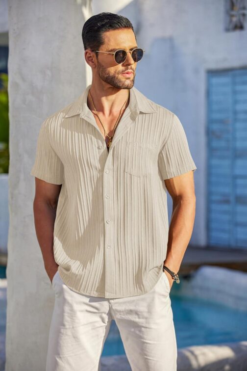 COOFANDY Men's Casual Button Down Shirts Short Sleeve Textured Summer Beach Shirt with Pocket - Image 3