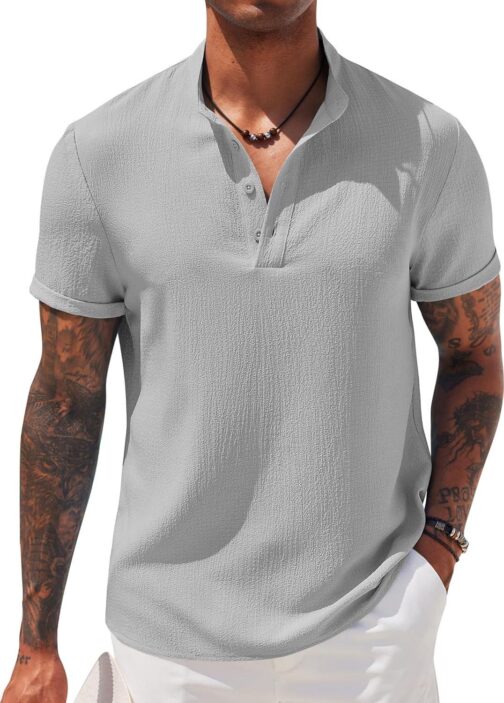 COOFANDY Men's Casual Henley Tee Shirt Band Collar Short Sleeve Summer Beach Hippie T Shirts