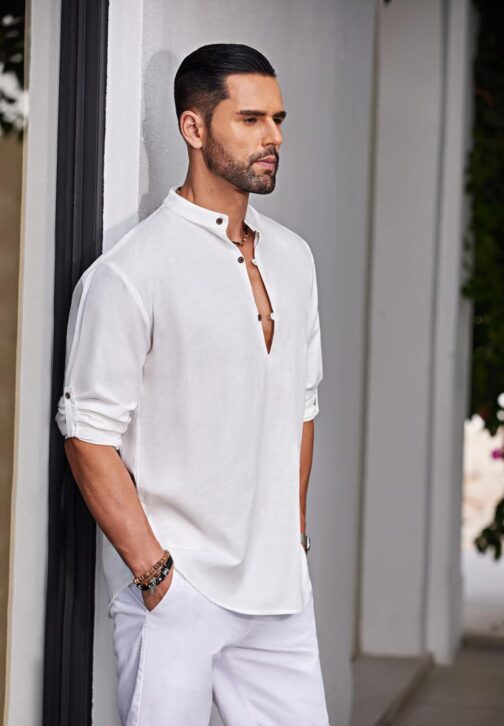 COOFANDY Men's Cotton Linen Henley Shirt Casual Beach Hippie Shirts Long Sleeve T-Shirts - Image 3