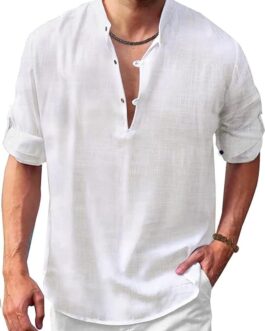 COOFANDY Men’s Cotton Linen Henley Shirt Casual Beach Hippie Shirts Long Sleeve T-Shirts