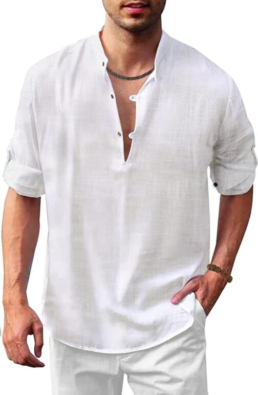 COOFANDY Men's Cotton Linen Henley Shirt Casual Beach Hippie Shirts Long Sleeve T-Shirts