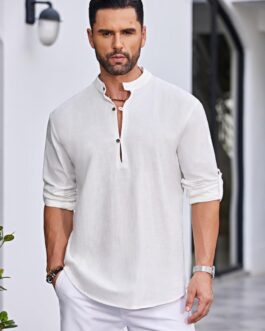 COOFANDY Men’s Cotton Linen Henley Shirt Casual Beach Hippie Shirts Long Sleeve T-Shirts