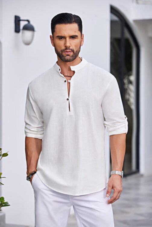 COOFANDY Men's Cotton Linen Henley Shirt Casual Beach Hippie Shirts Long Sleeve T-Shirts - Image 2