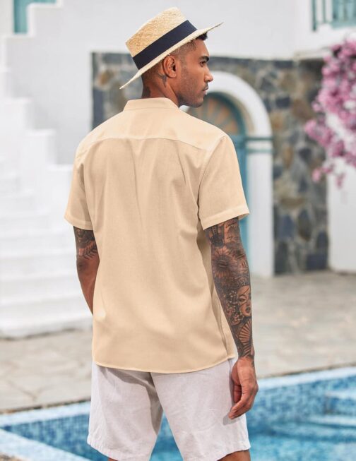 COOFANDY Men's Cuban Guayabera Shirt Cotton Linen Short Sleeve Button Down Shirts Casual Band Collar Summer Shirt - Image 3