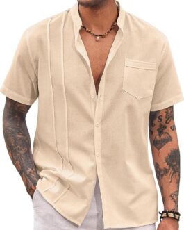 COOFANDY Men’s Cuban Guayabera Shirt Cotton Linen Short Sleeve Button Down Shirts Casual Band Collar Summer Shirt