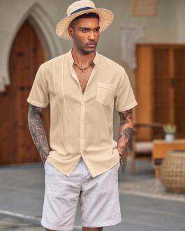 COOFANDY Men’s Cuban Guayabera Shirt Cotton Linen Short Sleeve Button Down Shirts Casual Band Collar Summer Shirt