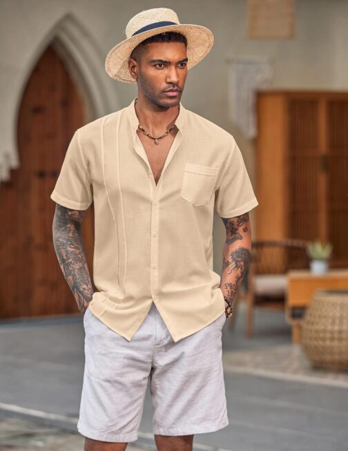 COOFANDY Men's Cuban Guayabera Shirt Cotton Linen Short Sleeve Button Down Shirts Casual Band Collar Summer Shirt - Image 2