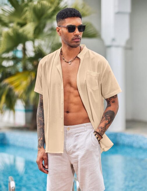 COOFANDY Men's Cuban Guayabera Shirt Cotton Linen Short Sleeve Button Down Shirts Casual Band Collar Summer Shirt - Image 4