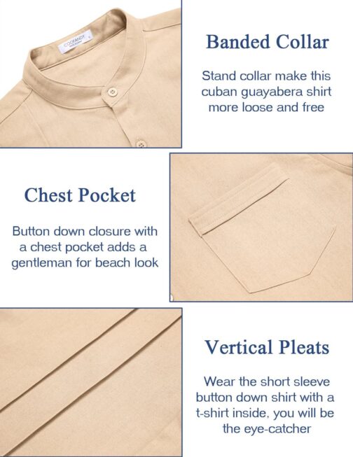 COOFANDY Men's Cuban Guayabera Shirt Cotton Linen Short Sleeve Button Down Shirts Casual Band Collar Summer Shirt - Image 5