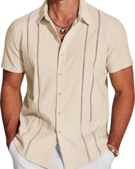 COOFANDY Men’s Cuban Guayabera Shirt Short Sleeve Button Down Shirts Casual Summer Beach Linen Shirts