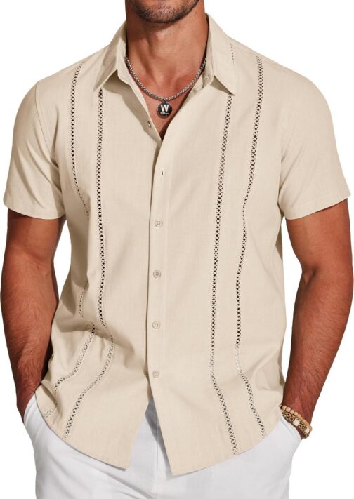 COOFANDY Men's Cuban Guayabera Shirt Short Sleeve Button Down Shirts Casual Summer Beach Linen Shirts