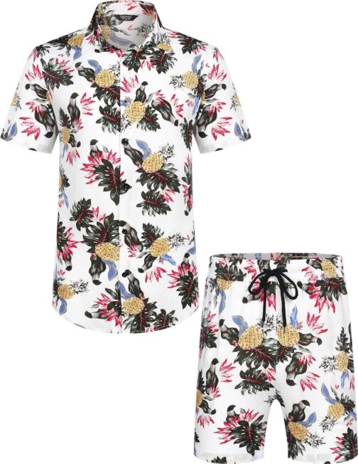 COOFANDY Men's Hawaiian Matching Set Summer Beach 2 Piece Outfits Flower Shirts and Shorts - Image 2