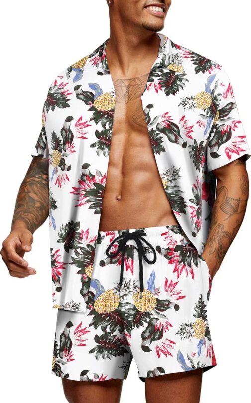 COOFANDY Men's Hawaiian Matching Set Summer Beach 2 Piece Outfits Flower Shirts and Shorts