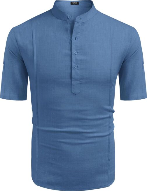 COOFANDY Men's Linen Henley Shirts Short Sleeve Casual Banded Collar Shirt Summer Beach Hippie T Shirts - Image 9