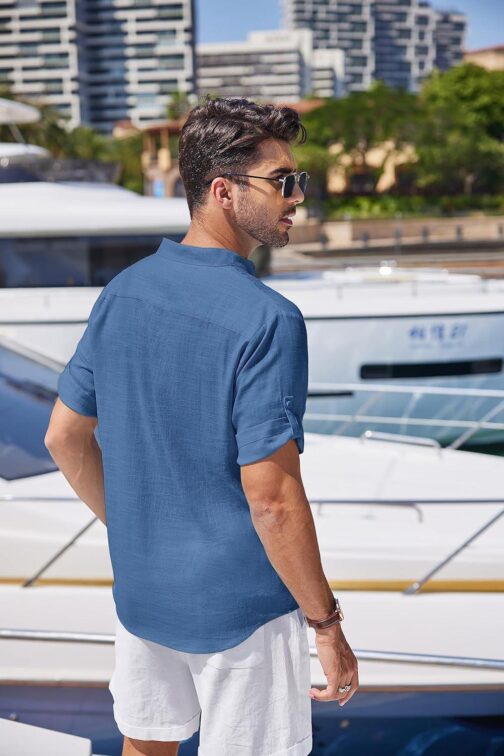 COOFANDY Men's Linen Henley Shirts Short Sleeve Casual Banded Collar Shirt Summer Beach Hippie T Shirts - Image 6