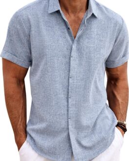 COOFANDY Men’s Linen Shirts Short Sleeve Casual Shirts Button Down Shirt for Men Beach Summer Wedding Shirt
