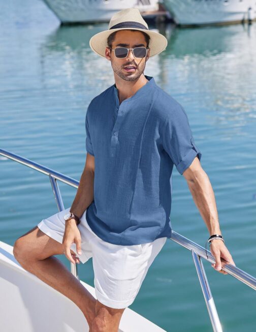 COOFANDY Men's Linen Henley Shirts Short Sleeve Casual Banded Collar Shirt Summer Beach Hippie T Shirts - Image 3