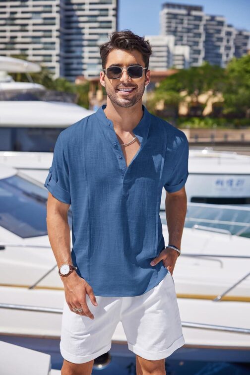 COOFANDY Men's Linen Henley Shirts Short Sleeve Casual Banded Collar Shirt Summer Beach Hippie T Shirts - Image 7