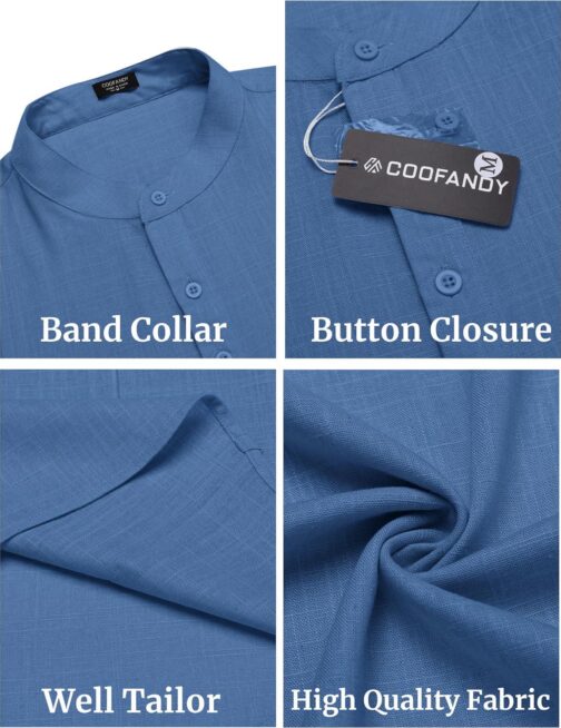 COOFANDY Men's Linen Henley Shirts Short Sleeve Casual Banded Collar Shirt Summer Beach Hippie T Shirts - Image 5