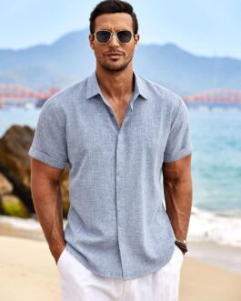 COOFANDY Men’s Linen Shirts Short Sleeve Casual Shirts Button Down Shirt for Men Beach Summer Wedding Shirt