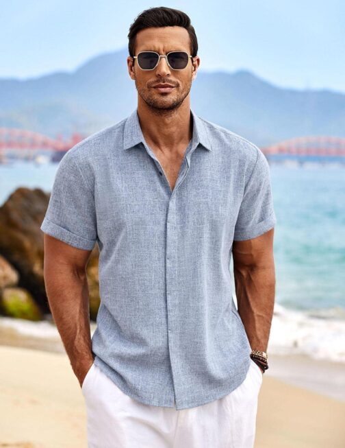 COOFANDY Men's Linen Shirts Short Sleeve Casual Shirts Button Down Shirt for Men Beach Summer Wedding Shirt - Image 2