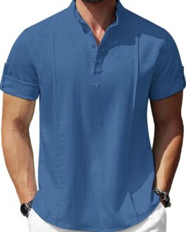 COOFANDY Men’s Linen Henley Shirts Short Sleeve Casual Banded Collar Shirt Summer Beach Hippie T Shirts