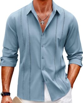 COOFANDY Mens Cuban Guayabera Shirt Casual Button Down Shirts Long Sleeve Summer Beach Shirts