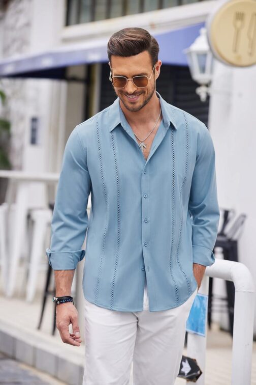 COOFANDY Mens Cuban Guayabera Shirt Casual Button Down Shirts Long Sleeve Summer Beach Shirts - Image 4