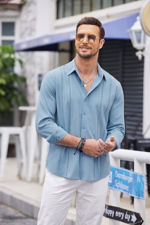 COOFANDY Mens Cuban Guayabera Shirt Casual Button Down Shirts Long Sleeve Summer Beach Shirts - Image 3