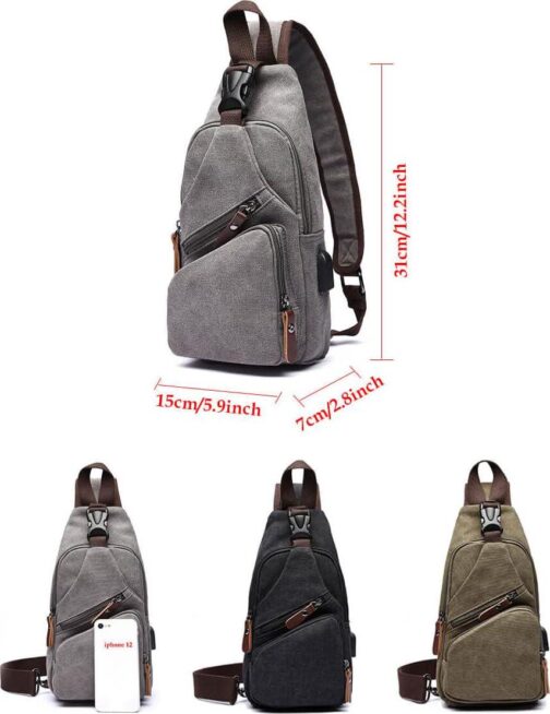 Canvas Sling Bag Crossbody Backpack Shoulder Casual Rucksack for Men Women Outdoor Cycling Hiking Travel Fishing Black - Image 3