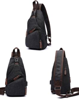 Canvas Sling Bag Crossbody Backpack Shoulder Casual Rucksack for Men Women Outdoor Cycling Hiking Travel Fishing Black