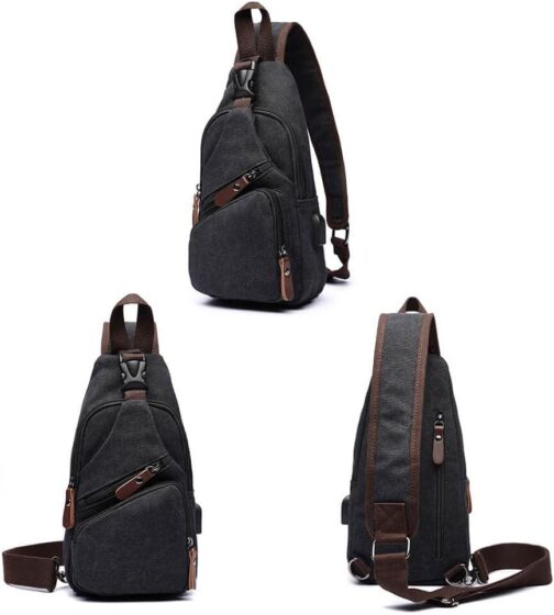 Canvas Sling Bag Crossbody Backpack Shoulder Casual Rucksack for Men Women Outdoor Cycling Hiking Travel Fishing Black - Image 2