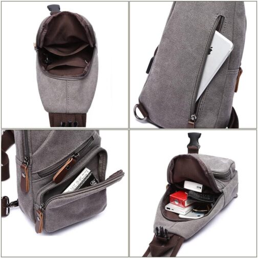 Canvas Sling Bag Crossbody Backpack Shoulder Casual Rucksack for Men Women Outdoor Cycling Hiking Travel Fishing Black - Image 4