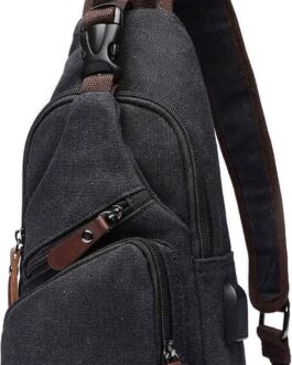 Canvas Sling Bag Crossbody Backpack Shoulder Casual Rucksack for Men Women Outdoor Cycling Hiking Travel Fishing Black