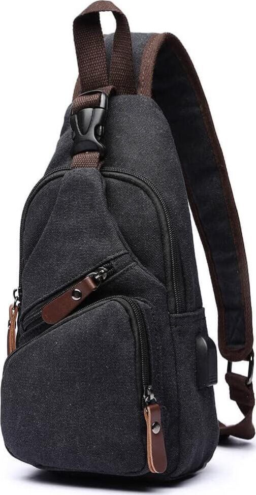 Canvas Sling Bag Crossbody Backpack Shoulder Casual Rucksack for Men Women Outdoor Cycling Hiking Travel Fishing Black